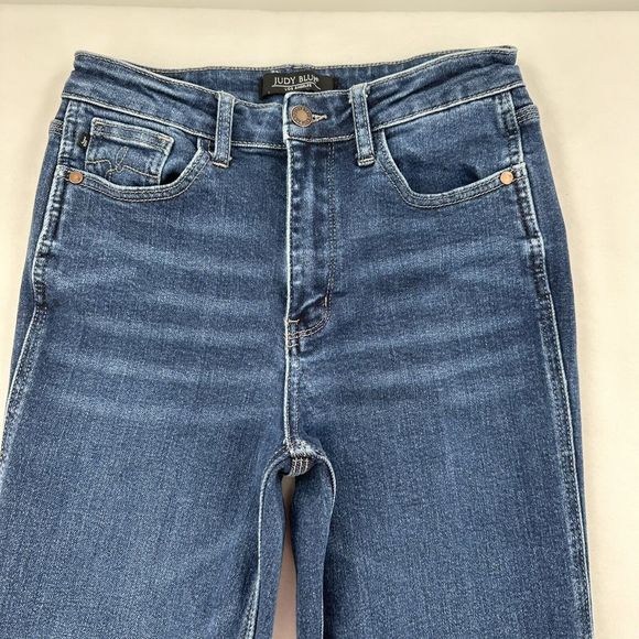 Judy Blue Cropped Straight Sz 4 Stretch Raw Hem High Rise Denim Blue Jeans - Picture 3 of 12